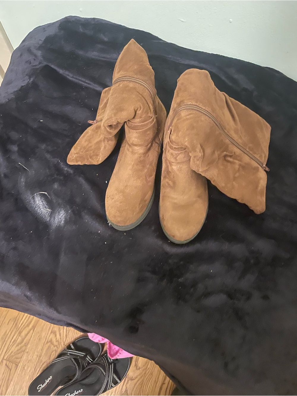 Suede Fold-Over Mid-Calf Heeled Boots - Brown